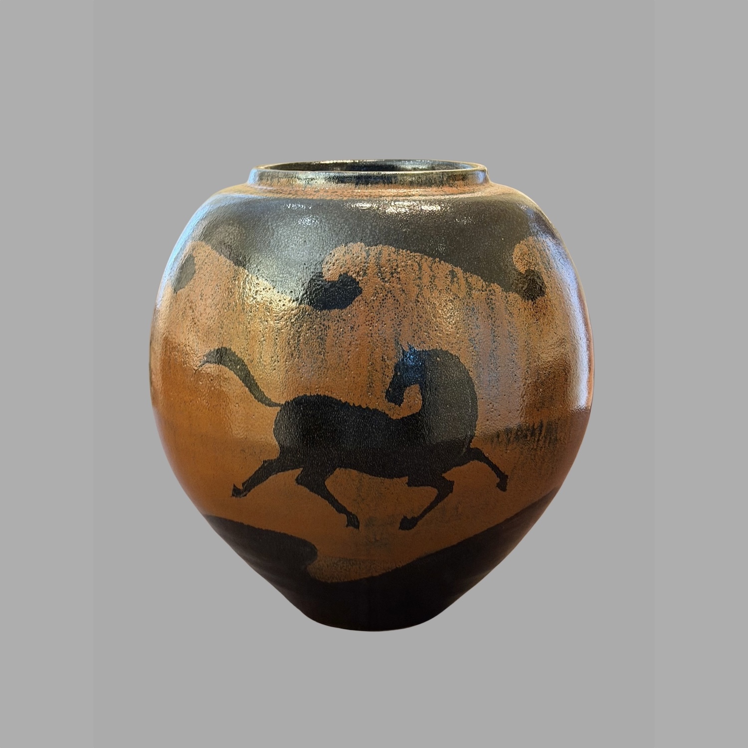 kiyoshi-hara-japanese-b-1936-large-jar-with-iron-glaze-equestrian-design-a726-1